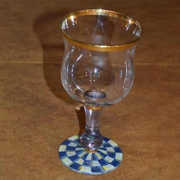 RARE RETIRED DESIGNER MACKENZIE CHILDS BLUE ROYAL CHECK GOLD WINE GLASS GOBLET - Picture 4 of 10